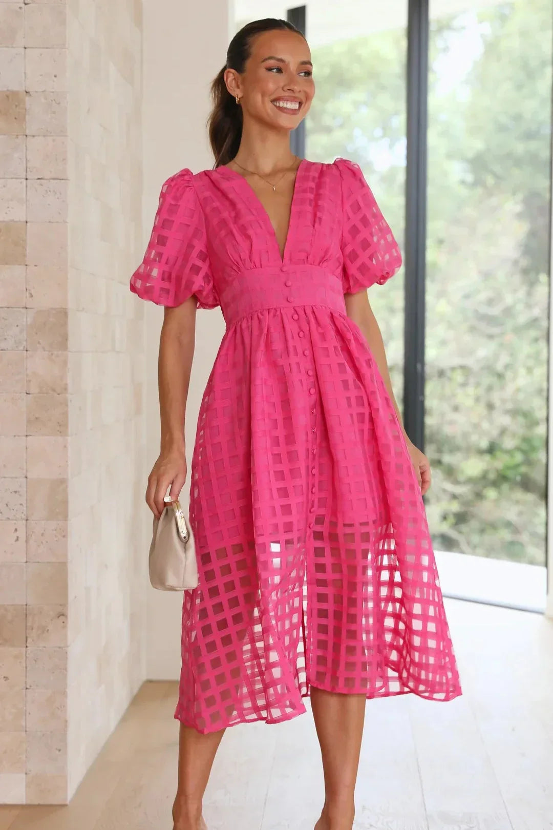 LENA | Sukienka z Bufiastymi Rękawami