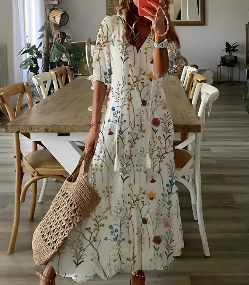 SOPHIA | Letnia Sukienka Boho Vintage z Dekoltem w Serek