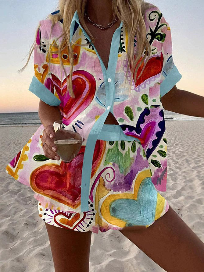 KORA | Unikalna Koszula Krótki Rękaw z Wzorem Graffiti w Zestawie Dwuczęściowym