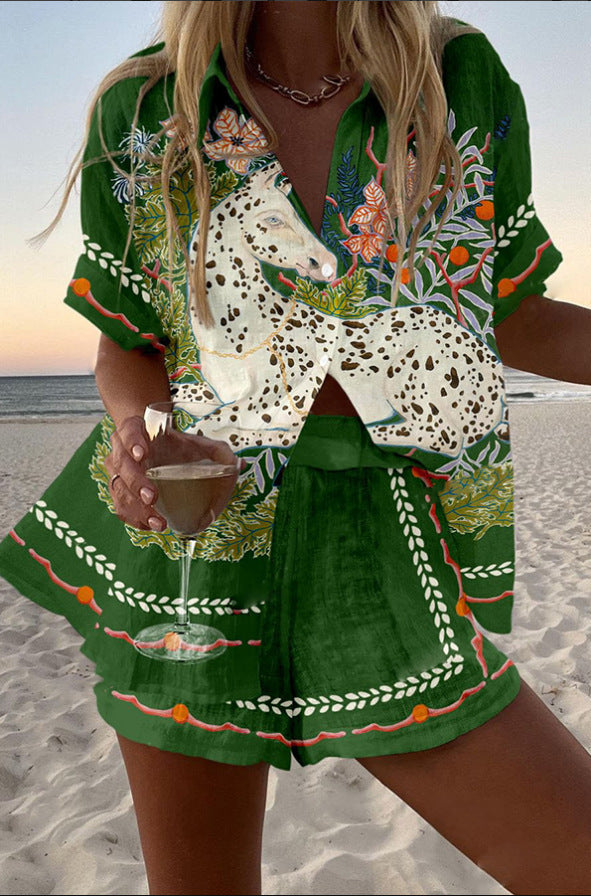 CEPHIRA | Krótki Garnitur z Nadrukiem Konia