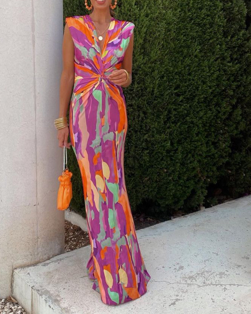 LIBIA | Długa Sukienka Bez Rękawów z Węzłem