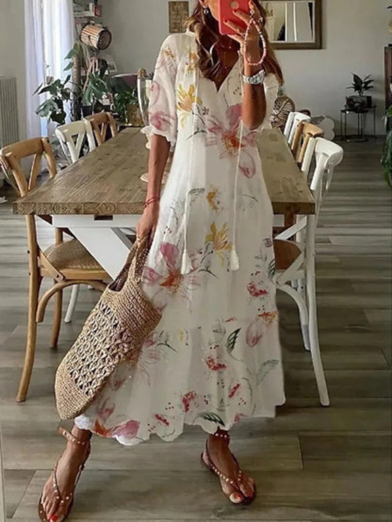 SOPHIA | Letnia Sukienka Boho Vintage z Dekoltem w Serek