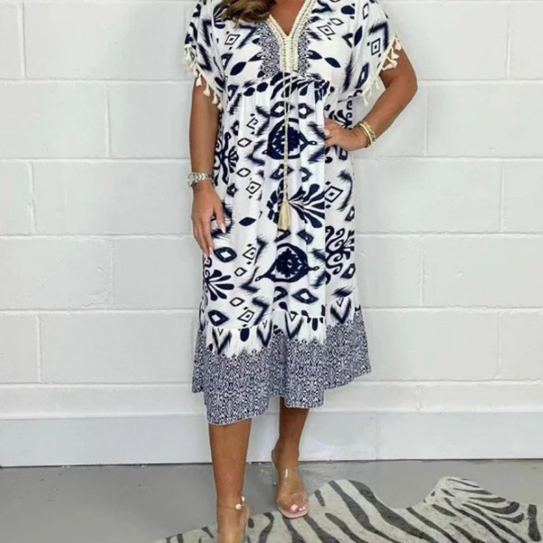 NADIA | Letnia sukienka z dekoltem V i frędzlami na krótkich rękawach