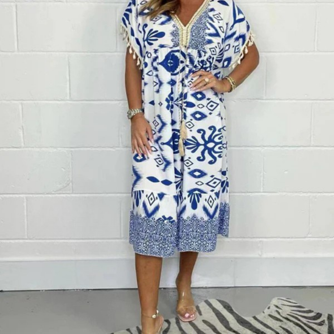 NADIA | Letnia sukienka z dekoltem V i frędzlami na krótkich rękawach