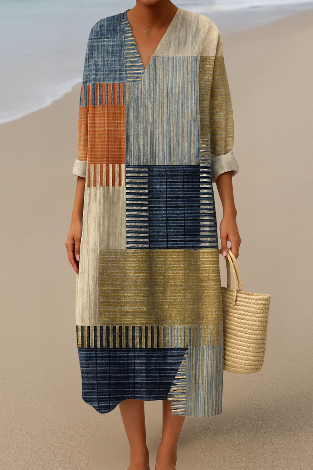 SOFIE | Maxi-sukienka z patchworkowym wzorem – Naturalne kolory dla boho stylu